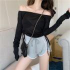 Plain Off-shoulder Long-sleeve Top / Shorts