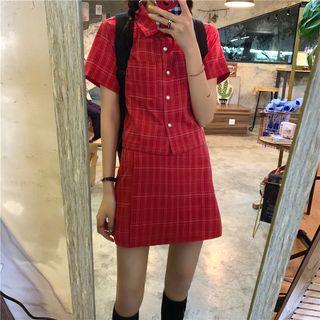 Plaid Short-sleeve Shirt / Slim-fit Skirt