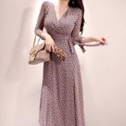 3/4-sleeve Patterned Midi A-line Wrap Dress