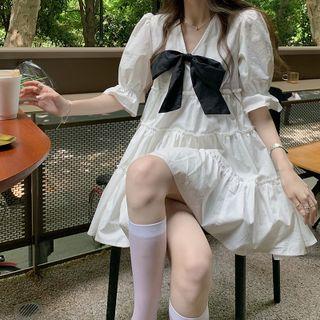 V-neck Bow Mini A-line Dress White - One Size