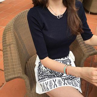 Round-neck Elbow-sleeve Knit Top
