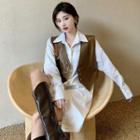 Dolman-sleeve Long Shirt / Details Faux-leather Vest Jacket