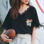 Flower Embroidered Lace Trim Short Sleeve T-shirt