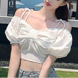 Puff-sleeve Cold-shoulder Cropped Blouse White - One Size