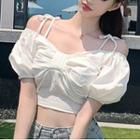Puff-sleeve Cold-shoulder Cropped Blouse White - One Size