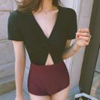 Short-sleeve V-neck Cut-out Two-tone Swimsuit