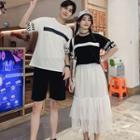 Couple Matching Elbow-sleeve Letter T-shirt / Shorts / A-line Midi Skirt