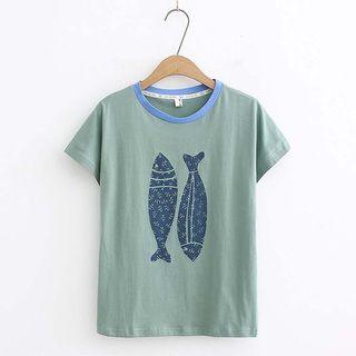 Print Panel Short-sleeve T Shirt Green - One Size