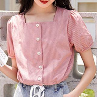Square Collar Striped Button Cropped Top