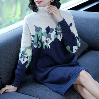 Mock Turtleneck Printed Midi Sweater Dress As Shown In Figure - One Size