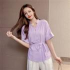 Short-sleeve Tie-waist Buttoned Shirt