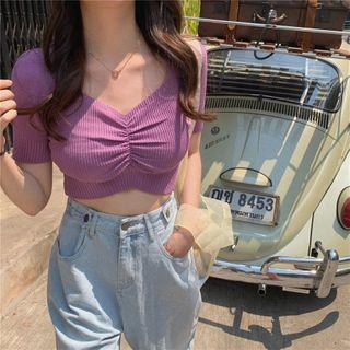 Short-sleeve Ribbed Shirred Cropped Knit Top