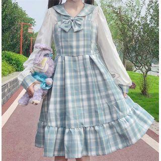 Short-sleeve Blouse / Bow / Plaid Pinafore Dress / Set