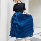 Asymmetric Pleated Paneled A-line Midi Tiered Skirt