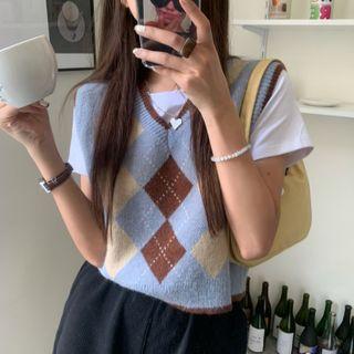 Argyle Sweater Vest Argyle - Blue & Coffee - One Size