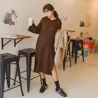 Slit-side Hooded Cable-knit Dress