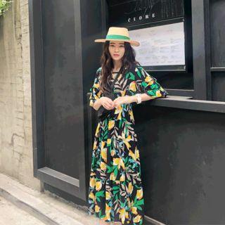 Layered-sleeve Floral Print Dress Green - One Size
