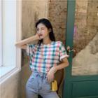 Plaid Loose-fit Short-sleeve T-shirt As Figure - One Size