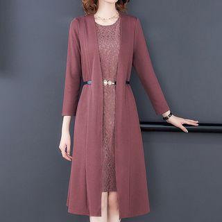 Set: Lace Sleeveless Midi Shift Dress + Open Front Long Jacket