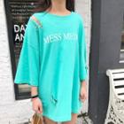 Lettering 3/4-sleeve Ripped T-shirt