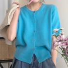 Short-sleeve Button-up Knit Top Blue - One Size