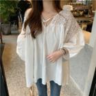 3/4-sleeve Lace Trim Blouse White - One Size
