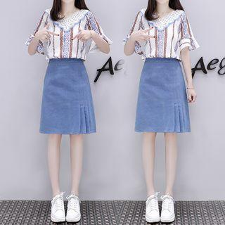 Set: Short-sleeve Print V-neck Top + A-line Denim Skirt