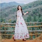 Floral Embroidered Elbow-sleeve Maxi Dress