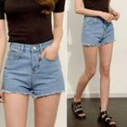 Fray-hem Rose-embroidered Denim Shorts