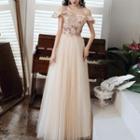 Off-shoulder Embroidered Mesh A-line Evening Gown