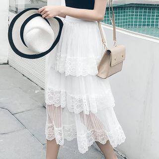 Set: Short-sleeve Lettering T-shirt + Tiered Midi Sheer Skirt