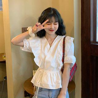 Puff Sleeve V-neck Ruffled Blouse