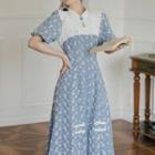Short-sleeve Floral Print Midi A-line Denim Dress