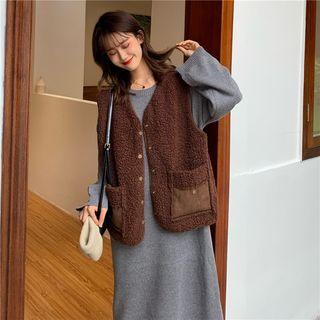 Long-sleeve Plain Dress / Shearling Vest
