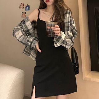 Plaid Shirt / Spaghetti Strap Plain Mini Dress