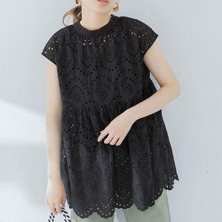 Short-sleeve Plain Cut-out Blouse Black - One Size