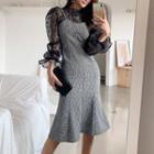 Set: Puff-sleeve Lace Blouse + Plaid Overall Dress