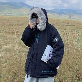 Long-sleeve Letter Printed Faux Fur Hooded Zipped Jacket