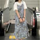 Short-sleeve T-shirt / Strappy Floral Print Midi A-line Dress / Set