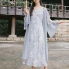 Spaghetti Strap Embroidered Midi A-line Dress / Sheer Jacket