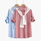 Set: Elbow-sleeve Striped Shirt + Shawl