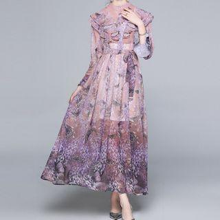 Floral Ruffle Trim Tie-waist Maxi A-line Dress