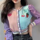 Embroidered Pointelle Knit Cropped Cardigan Cardigan - Pink & Blue - One Size