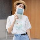 Lace Panel Short-sleeve Printed T-shirt White - One Size
