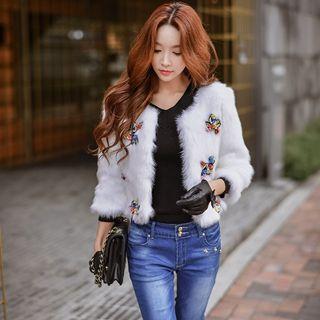 3/4-sleeve Paneled Furry Cropped Jacket