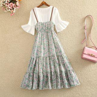 Set: Crew-neck Elbow-sleeve T-shirt Dress + Flower Print Spaghetti Strap Dress