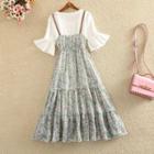 Set: Crew-neck Elbow-sleeve T-shirt Dress + Flower Print Spaghetti Strap Dress