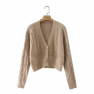 Long Sleeve Cable-knit Cardigan Khaki - One Size