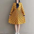 Patterned Long Sleeve Pleated Dress