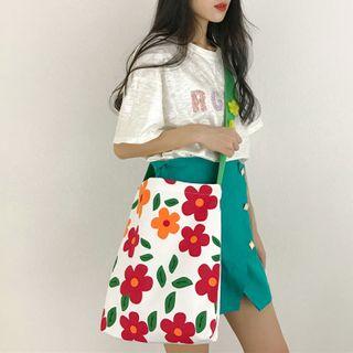 Flower Print Canvas Crossbody Bag As Shown In Figure - One Size